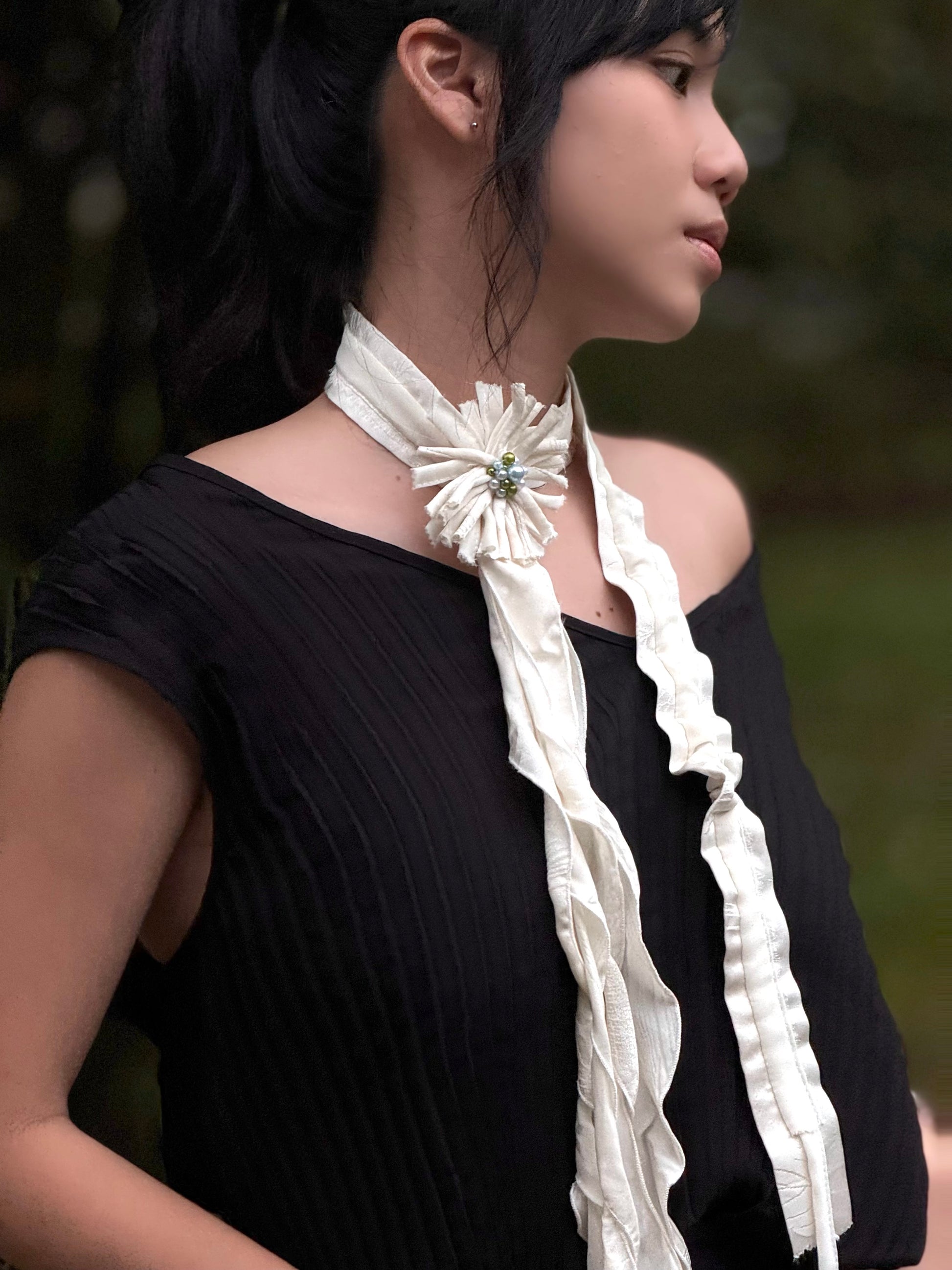 Spider Lily Scarf - Ivory + Uncanny Valley Studios Ceramic Brooch Bundle