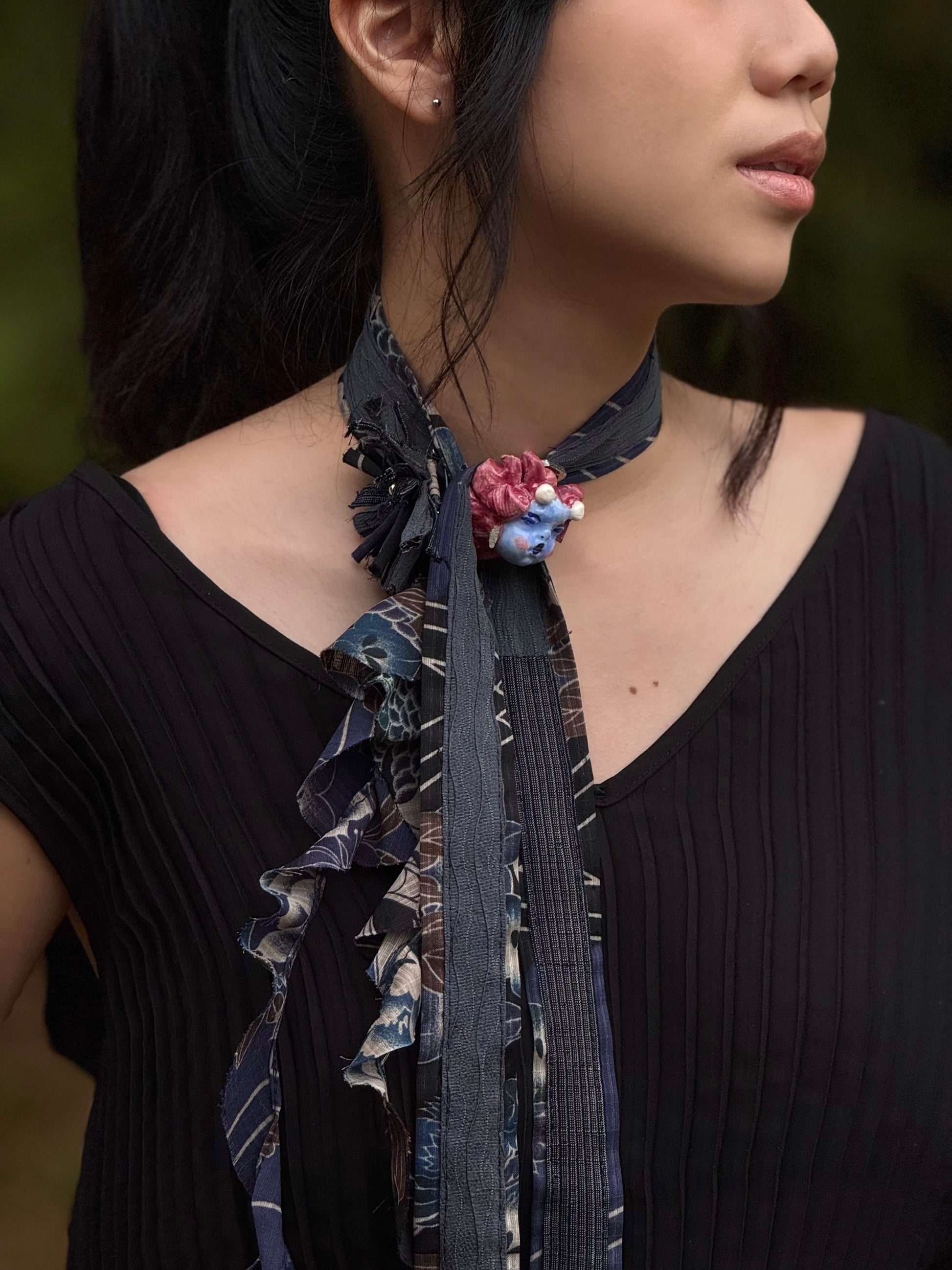 Spider Lily Scarf - Navy + Uncanny Valley Studios Ceramic Brooch Bundle