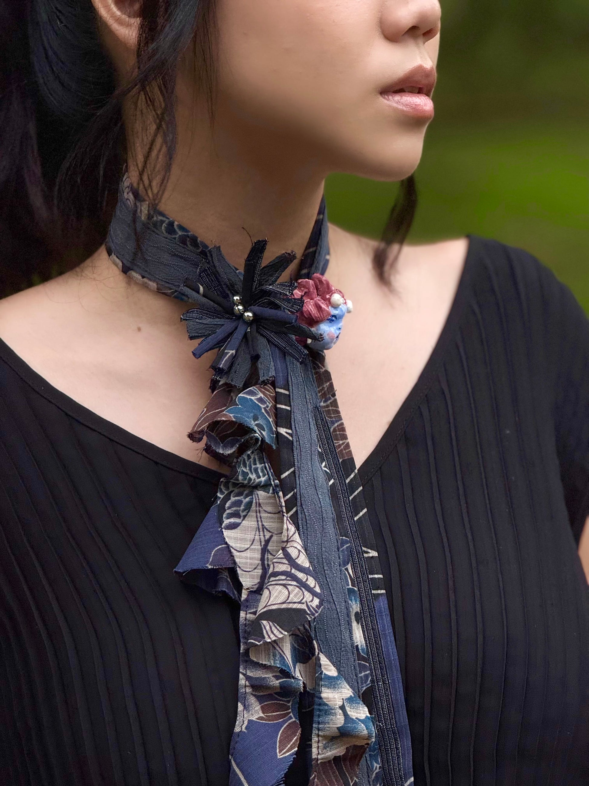 Spider Lily Scarf - Navy + Uncanny Valley Studios Ceramic Brooch Bundle