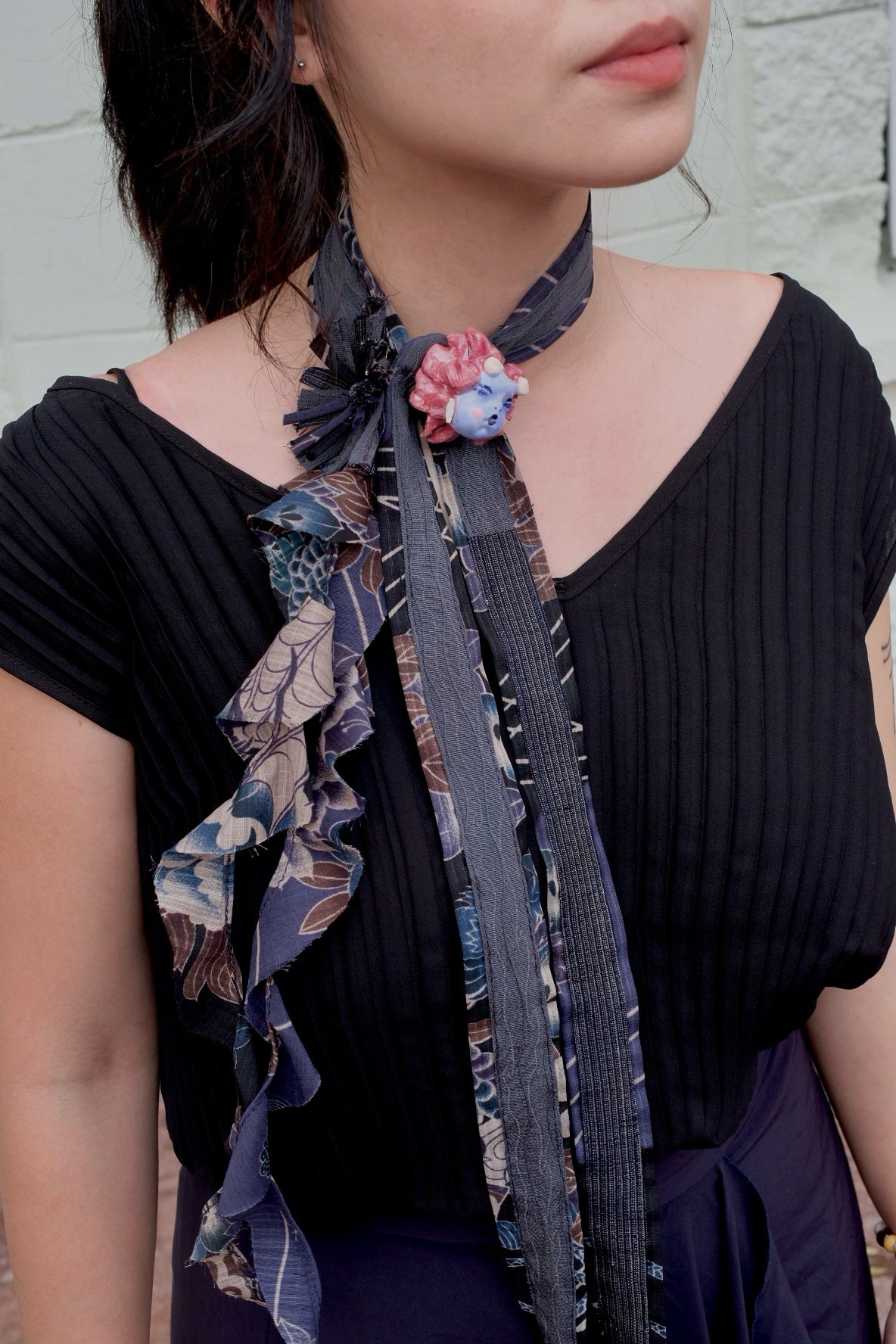 Spider Lily Scarf - Navy + Uncanny Valley Studios Ceramic Brooch Bundle
